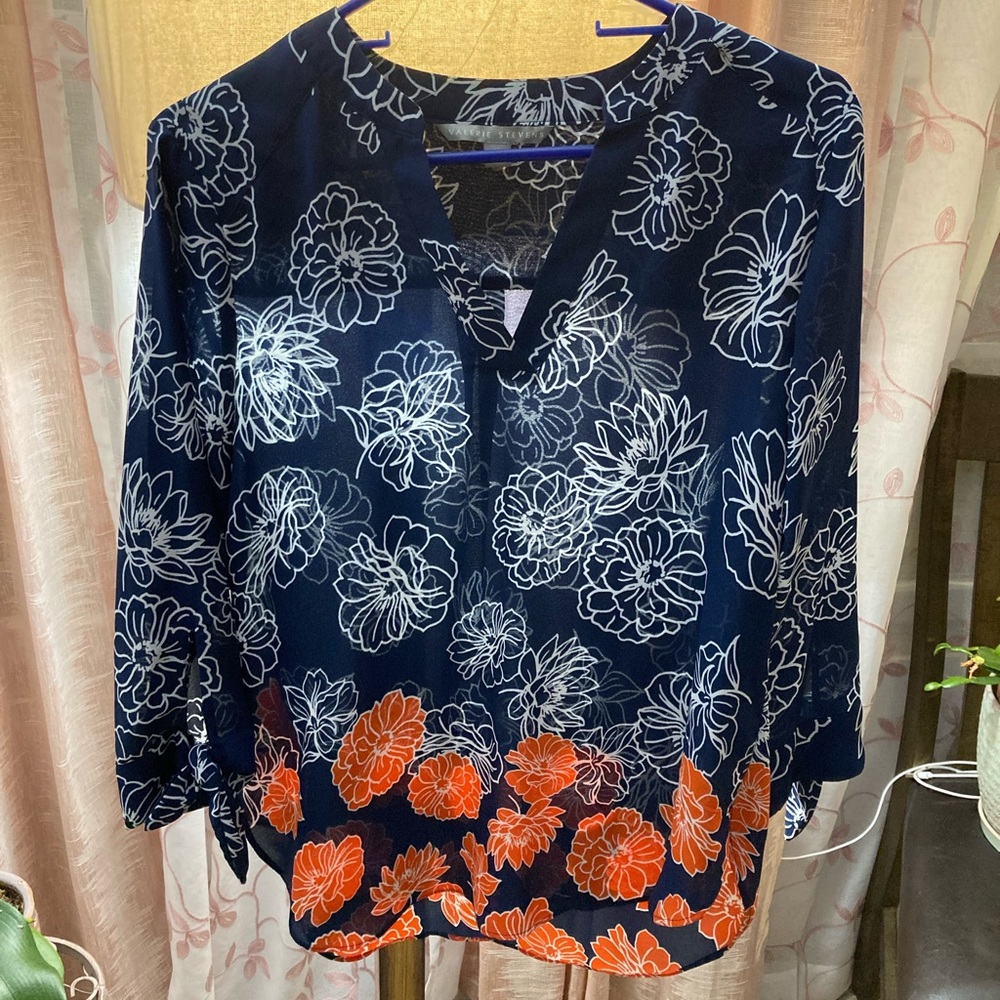 Valerie Stevens Navy and Orange Floral Blouse